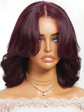 KLAIYI Black Cherry Bob Loose Body Wave Precut 7x5 HD Lace Front Wigs Human Hair Glueless Bye Bye Knots Drawstring Red Burgundy Wig with Curtian Bang Pre Plucked Bleached Ready to Put On And Go 12Inch