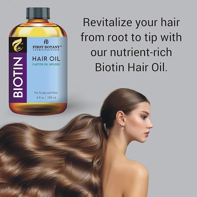 First Botany Biotin Castor Oil Encourages Hair Growth, Scalp & Hair Strengthening Serum, Nourishing Treatment for Split Ends, Dry Scalp, Safe for All Hair Types, 4 fl oz