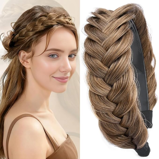 DIGUAN Wide Messy Braided Headband With Teeth Synthetic Hair Plaited Headband High Elasticity Braids Chunky Fishtail Braided Hair Band Hairpiece for Girls Women Beauty Accessory (Claybank)