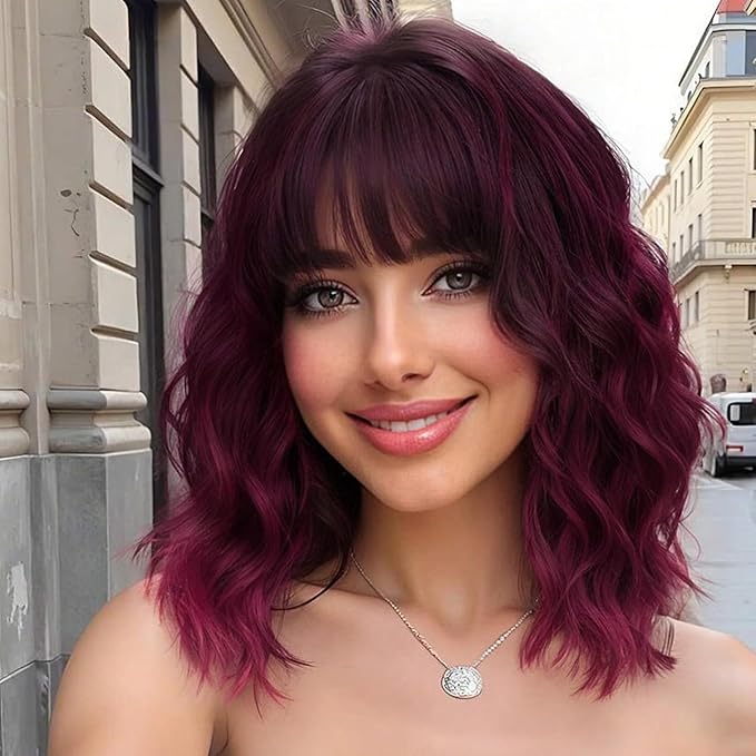 Nnzes Short Wavy Bob Wig with Bangs for Women Shoulder Length Curly Wine Red and Black Synthetic Heat-Resistant Fiber Hair for Daily & Party Use
