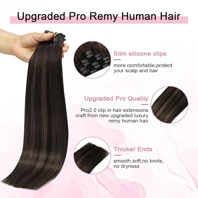 Pro2.0 Remy Real Human Hair Extensions Clip ins 120g Thick 7pcs #2/6/2 Balayage Dark Brown to Chestnut Brown Remy Clip in Hair Extensions Real Human Hair 16inch Double Weft（#2/6/2-16inch）