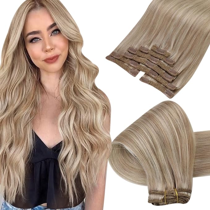 Ve Sunny Clip in Extensions Human Hair Double Weft Hair Extensions Blonde Highlight for Women Warm Color Clip in Hair Extensions Real Human Hair Full Head 120g 20inch