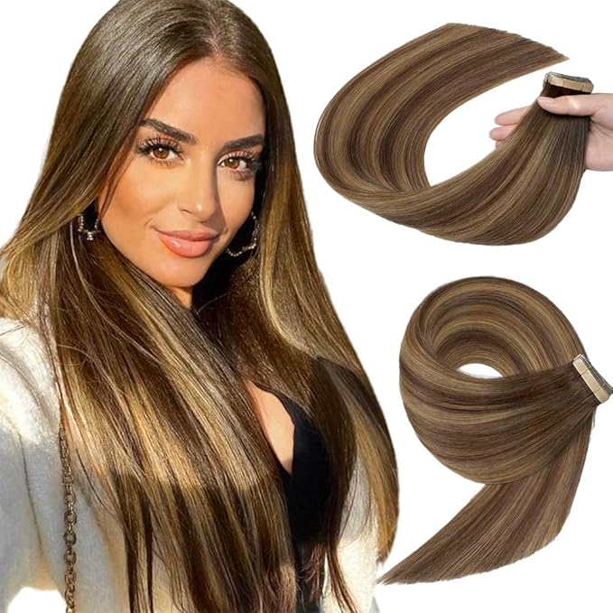 Human Hair Tape in Extensions, Chocolate Brown Mixed Honey Blonde Extensions Real Human Hair 20 Inch 20pcs Remy Straight Tape ins Invisible Tape in Hair Extensions Human Hair (4/4/27#,20 Inch)