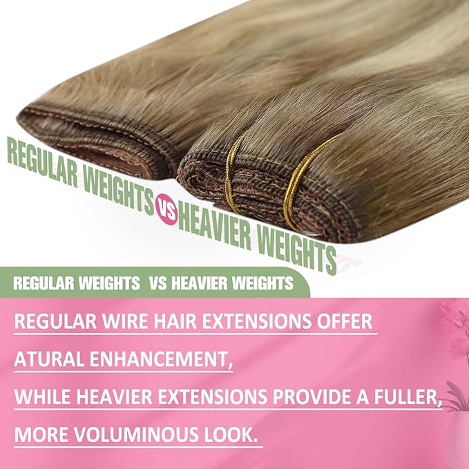 YoungSee Wire Hair Extensions Light Brown Wire Hair Extensions Real Human Hair Light Brown Mix Platinum Blonde Human Hair Fish Line Extensions for Women 70G 12Inch