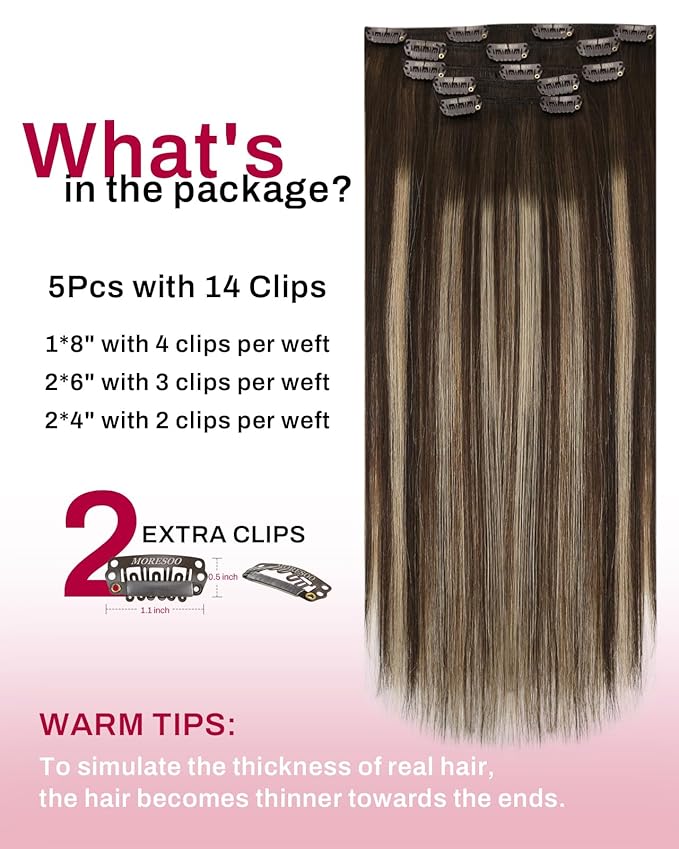 Moresoo Clip in Hair Extensions Dark Brown to Blonde Balayage Hair Extensions Clip ins Real Human Hair For Short Ombre Dark Brown to Caramel Blonde Double Weft 80g/5pcs 10 inch
