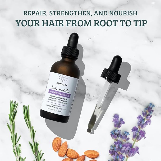 Sunmed Hair & Scalp Oil with Rosemary, Lavender, Jojoba, Vitamin E – Moisturizing Formula for Dry, Itchy Scalp & Frizzy Hair – Nourishes, Hydrates & Supports Hair Growth – 2 fl oz