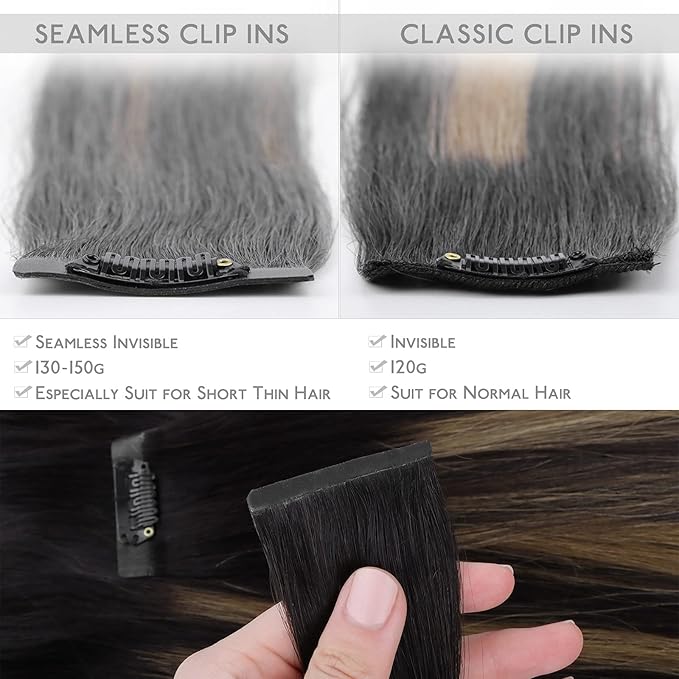 WENNALIFE Seamless Clip In Hair Extensions Human Hair, 24 Inch 160g 7pcs Natural Black Mixed Chestnut Brown Hair Extensions Clip in Human Hair Invisible PU Skin Weft Natural Remy Human Hair Extensions
