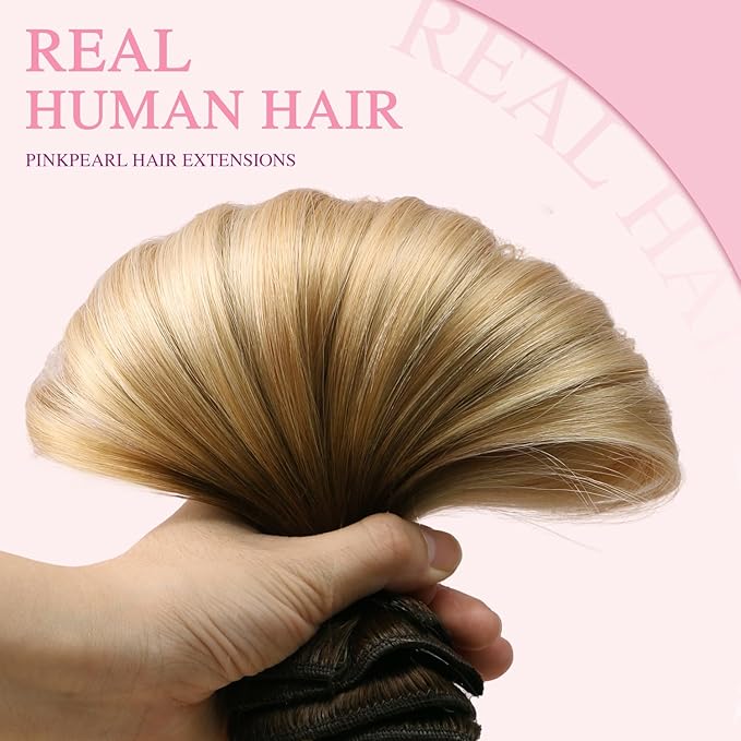 PINKPEARL Clip in Hair Extensions Real Human Hair, Remy Human Hair Extensions Clip ins, 18inch 120g 7Pcs, #4/27/60 Balayage Chocolate Brown to Caramel Blonde and Platinum Blonde(#4/27/60-18)