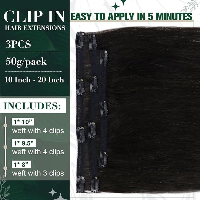 RUNATURE Clip in Hair Extensions Real Human Hair Black, Natural Hair Clip in Extensions for Women, Double Weft Black Hair Extensions 16 Inch 50g 3pcs #1B