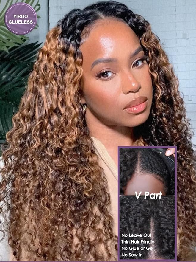 YIROO EasiContour V Part Wigs Ombre Brown Glueless Human Hair Upgrade U Part Wig with Dark Roots Highlight V Shape Clip Wigs Beginner Friendly with Drawstring Ready to Wear Chestnut Brown Color 18Inch