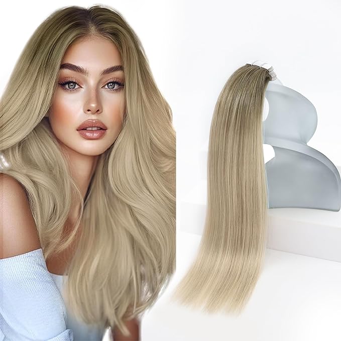 Sunny Hair Tape in Hair Extensions Real Human Hair Invisible Remy Hair Extensions Tape ins for Women Ash Blonde Root to Platinum Blonde Balayage 12 inch 20Pcs