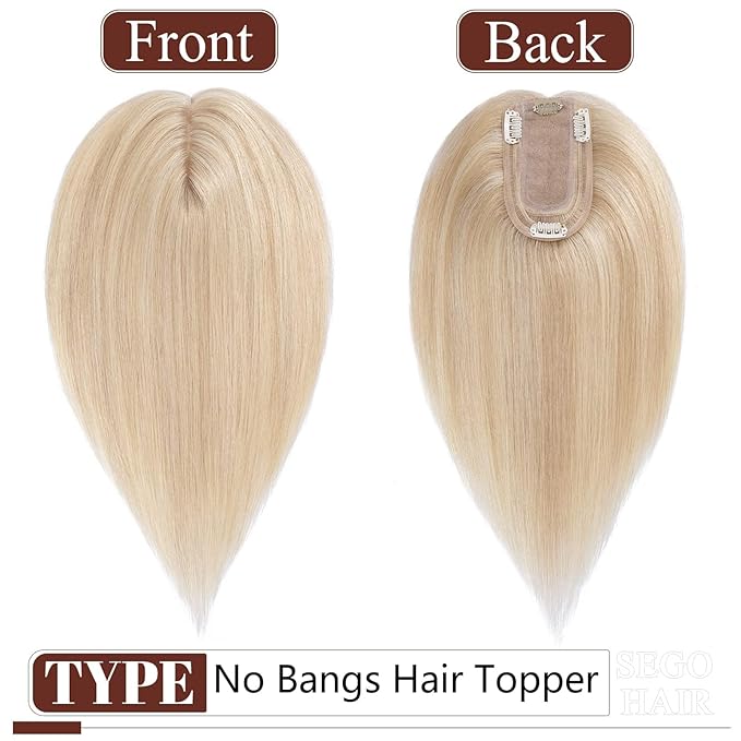 SEGO Real Human Hair Topper for Women, No Bangs Hair Topper with Anti-Slip Clips (10 Inch#18/613 Ash Blonde Mix Bleach Blonde)