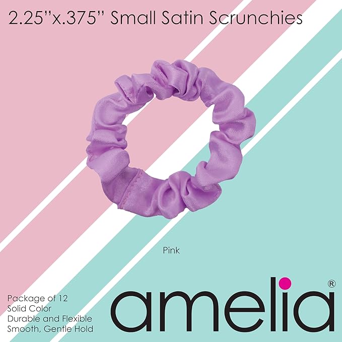 Amelia Beauty, Pink Satin Small Scrunchies, 12-Pack – No Damage Hair Ties for Women, Gentle & Durable Hair Accessories, 2.5in x 0.5in