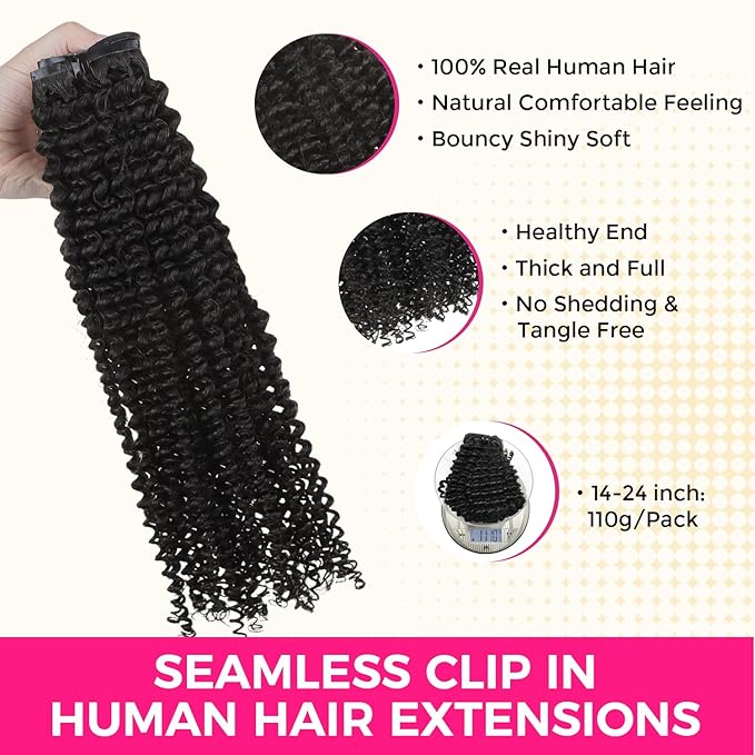 Lashey Seamless Clip in Hair Extensions Human Hair Kinky Curly 110g 7pcs PU Clip ins Natural Black 100% Real Human Hair 24 Inch