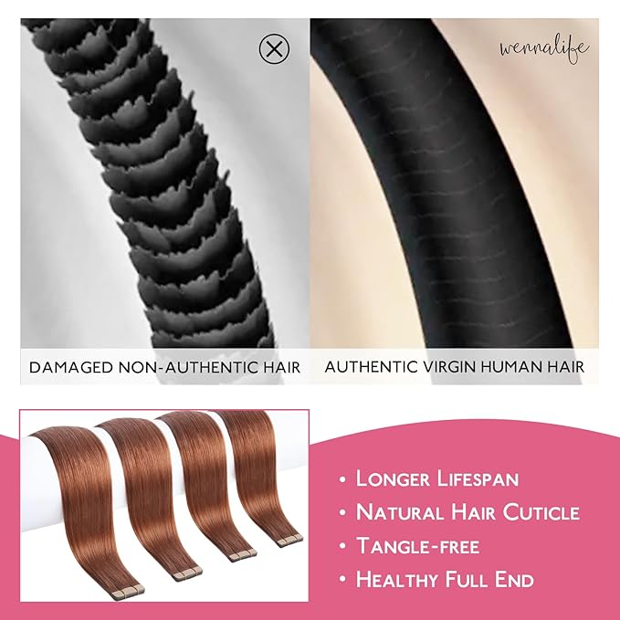 WENNALIFE Tape in Hair Extensions Human Hair Dark Auburn Copper Tape in Extensions, 10pcs 30g 24 inch Remy Invisible Tape Ins Straight Colored Soft Real Human Hair Tape in Extensions Refill Set Extens