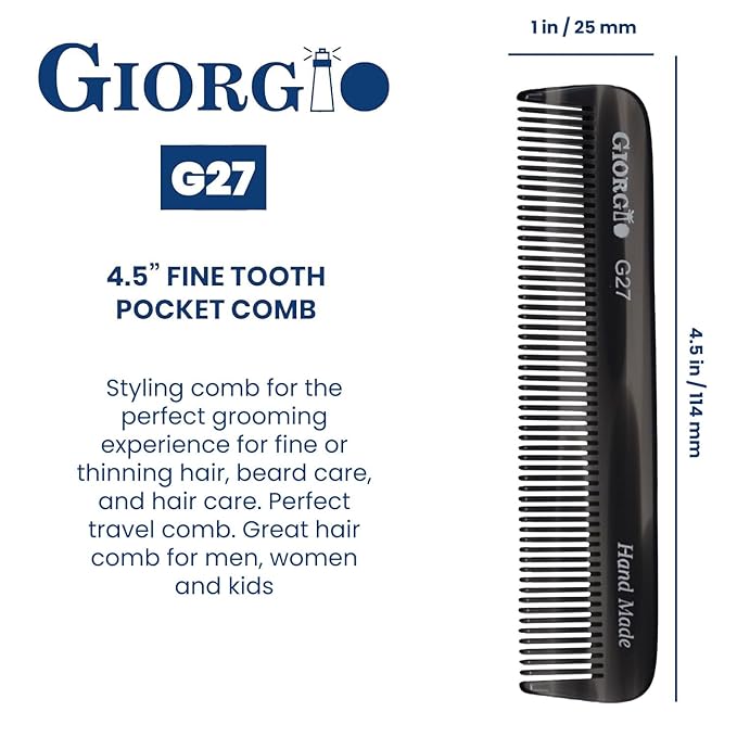 Giorgio G27 Handmade All Fine Tooth Pocket Comb, Hair Comb Straightener for Everyday Grooming Styling Hair, Mustache and Beard for Men Women and Kids, Saw Cut and Polished (Black Graphite)