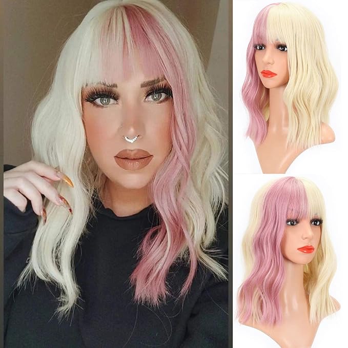 FAELBATY Short Blonde Wig Highlight Pink Wigs With Bangs Women's Blonde Mixed Pink Bob Wig Curly Wavy Synthetic Cosplay Wig Shoulder Length Wig for Girl's Costume Wigs(12" blonde mixed pink)