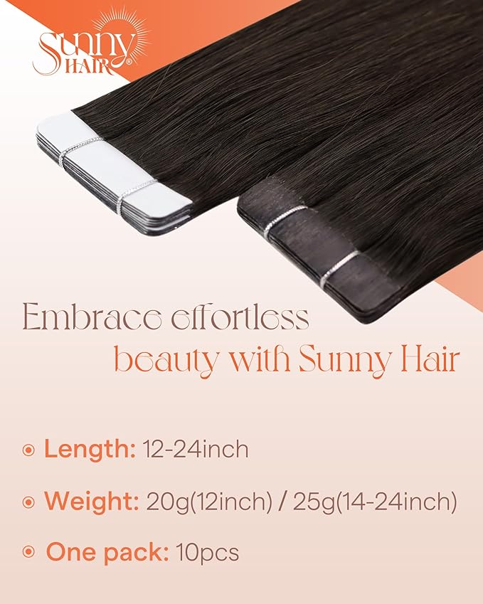 Sunny Hair Tape in Hair Extensions Real Human Hair Invisible Remy Hair Extensions Tape ins for Women Darkest Brown 12 inch 20G