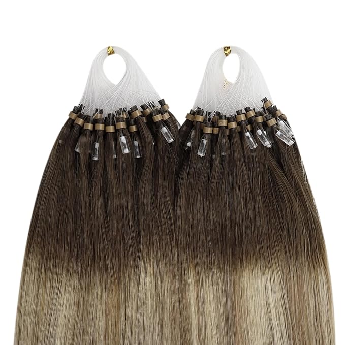 YoungSee Micro Loop Hair Extensions Real Human Hair Balayage Microlink Hair Extensions Human Hair Brown Balayage Blonde Microbead Hair Extension 16Inch Ombre Bead Hair Extension 50s/50g