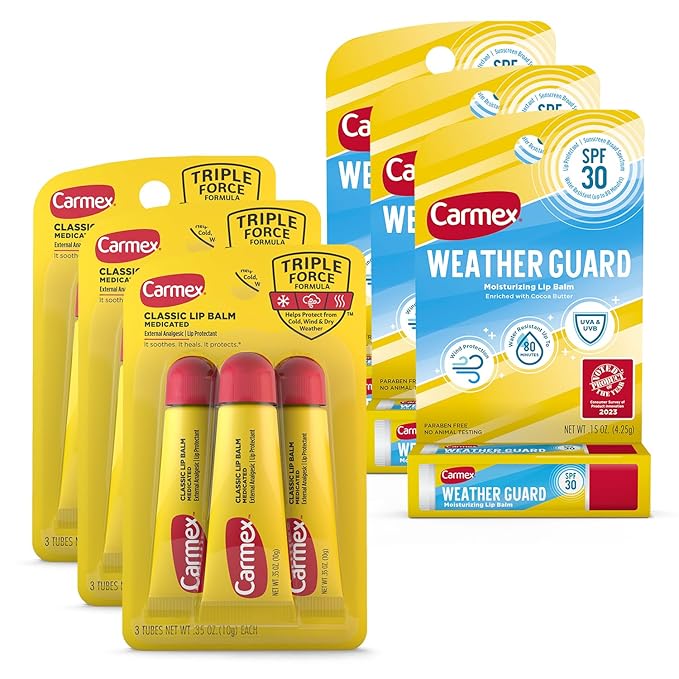 Carmex Lip Balm Bundle, 12 Count (9 Classic Lip Balm Tubes, 3 Weather Guard Lip Balm with SPF 30 Sticks)