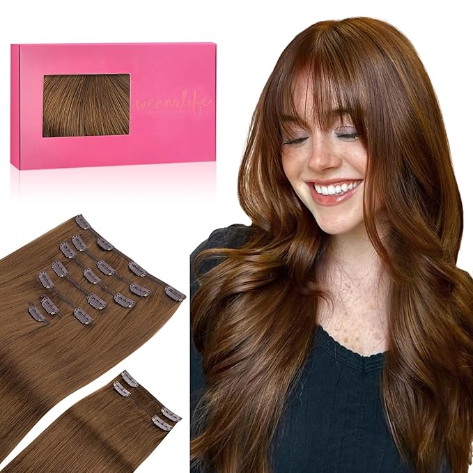 WENNALIFE Clip in Hair Extensions, 150g 16 Inch 9pcs Light Auburn Brown Remy Hair Thicker Double Weft Extensiones De Cabello Humano Con Clip Ins Straight Full Volume
