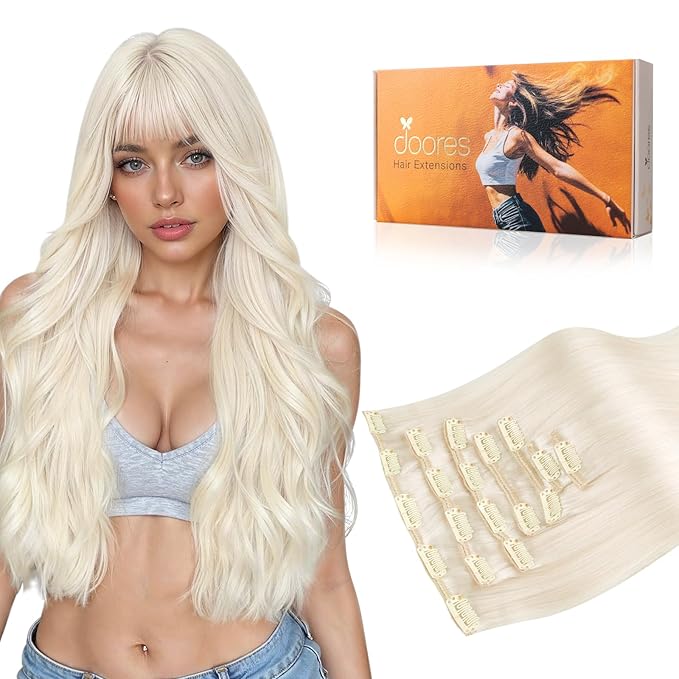DOORES Human Hair Extensions, Light Blonde Clip in Hair Extensions 20 Inch 120g 7pcs, Natural Thick Weft for Women Straight Weft Gift