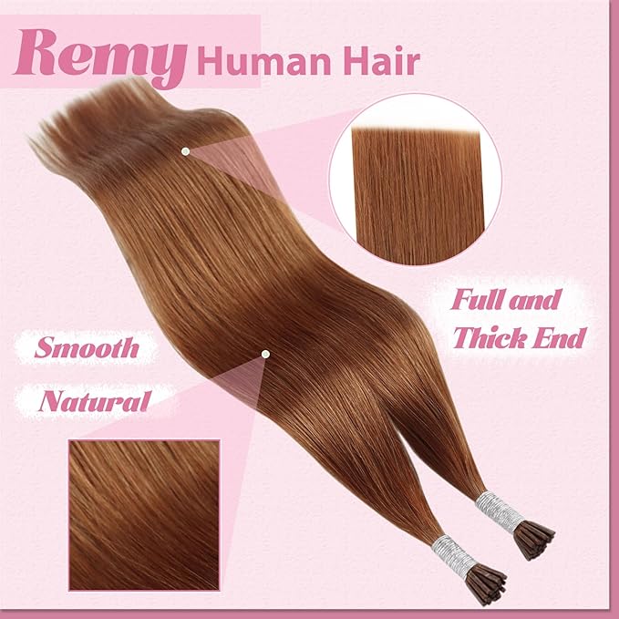 YoungSee Itip Hair Extension Real Human Hair Copper I tip Hair Extensions Human Hair Copper 20In I Tip Extensions Pumpkin Orange Color ITip Remy Hair-Extensions for Girl Party Highlight