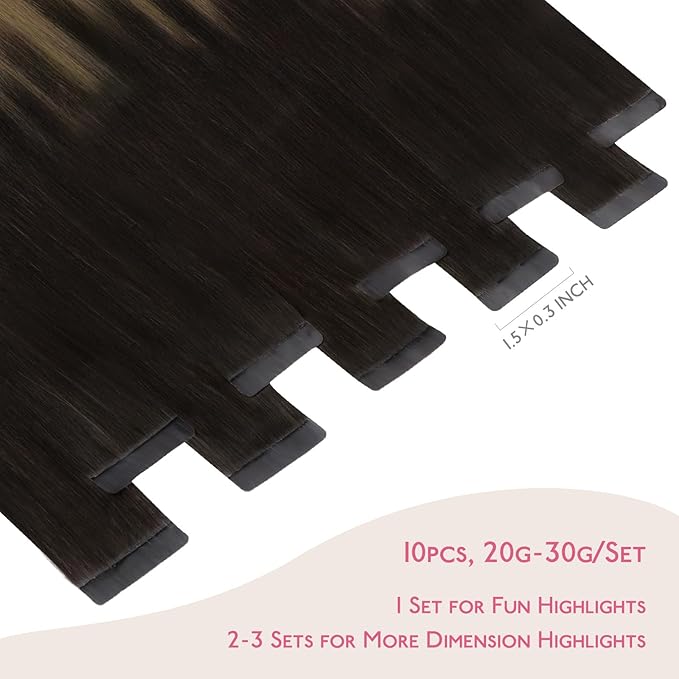 WENNALIFE Tape in Hair Extensions Human Hair Dark Brown to Chestnut Brown and Dirty Blonde Highlighted Tape in Extensions, 10pcs 25g 18 inch Remy Invisible Tape Ins Straight Colored Soft Refill Set