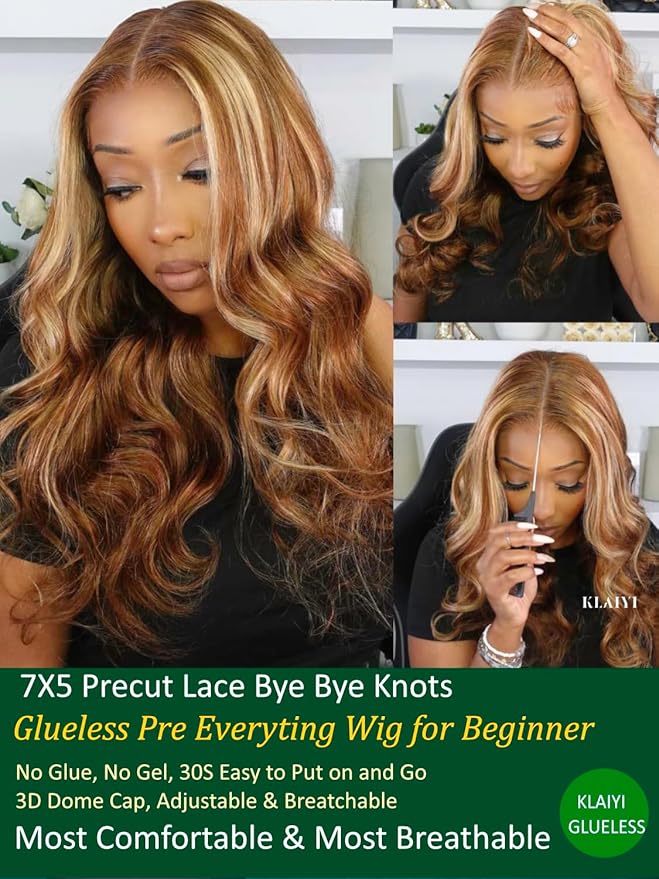 KLAIYI Bye Bye Knots Glueless Wig Highlight Blonde Body Wave Pre Cut 7x5HD Lace Front Wigs Human Hair Pre Plucked Pre Bleached Pre Everything Wear and Go Wig 12A Ombre Brown 30S Ready To Wear 28Inch