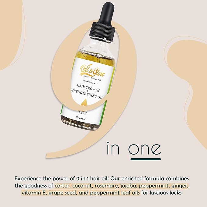 USDA Certified Organic 9 in 1 Natural Hair Growth Serum & Strengthening Oil with Rosemary, Castor, 100% Vegan Jojoba, Coconut, Grape Seed, Ginger & Scalp DHT Blocker Peppermint Oil 2 FL