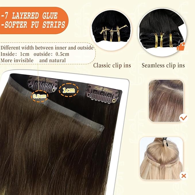 Full Shine Balayage Clip in Hair Extensions 16 Inch Ombre Dark Brown to Light Brown with Caramel Blonde Remy Human Hair with Thick Ends Clip ins 8 PCS 120 Grams