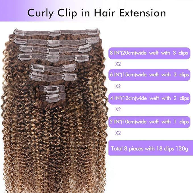 Curly Clip In Hair Extensions Real Human Hair Clip Ins Balayage Chocolate Brown to Caramel Blonde Human Hair Extensions 8Pcs with18clips 120g/Set (20 inch，#4/27/4)