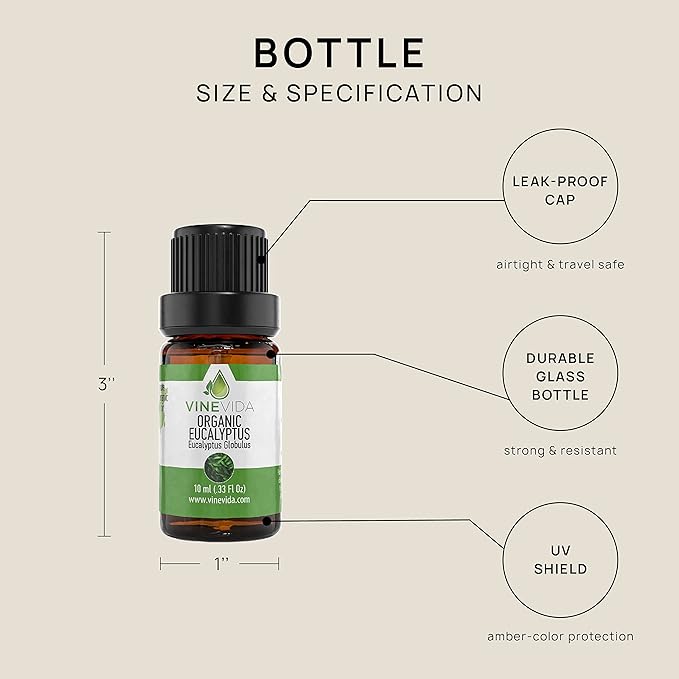 VINEVIDA Organic Eucalyptus Essential Oil 10 mL - Undiluted, Pure, Vegan, Free of Harsh Chemicals, Reusable Glass Bottle with Euro Dropper