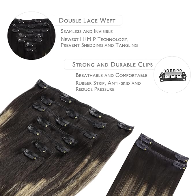 WENNALIFE Clip in Hair Extensions Real Human Hair, 24 Inch 150g 9pcs Human Hair Extensions Clip In, Balayage Natural Black to Light Blonde Hair Extensions Clip In Real Remy Human Hair