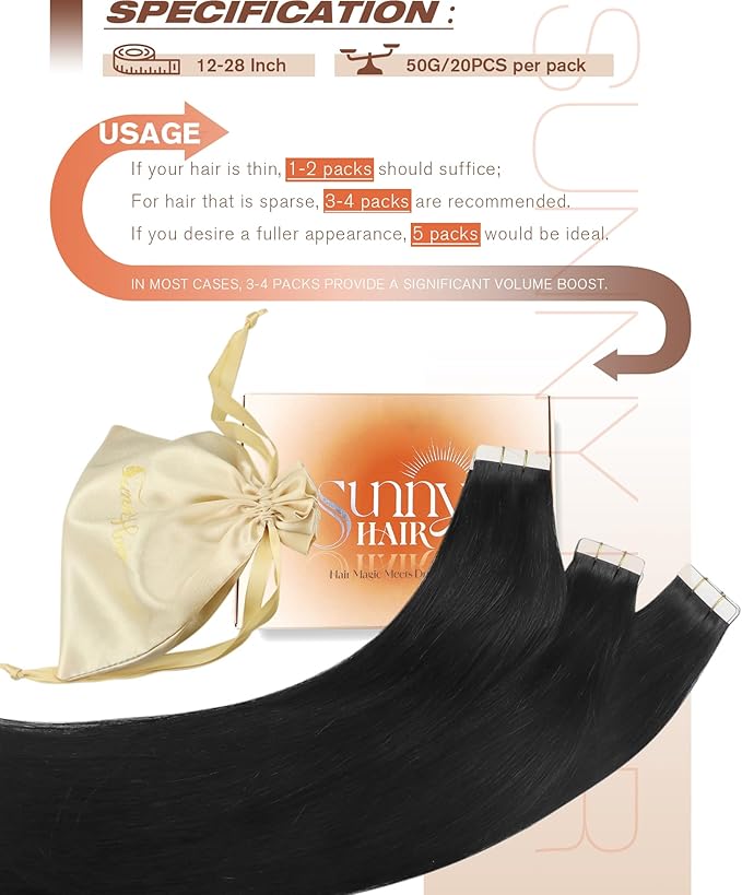 Sunny Hair Tape in Hair Extensions Human Hair 28 Inch Natural Black Tape in Extensions Real Human Hair Extensions for Women 20Pcs 50G