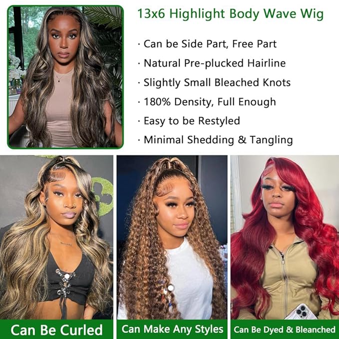 13x6 Body Wave Lace Front Wigs Human Hair 180% Density FB/27 Balayage Highlight Lace Front Wig Human Hair 26 Inch HD Lace Frontal Wigs Glueless Wigs Balayage Wig