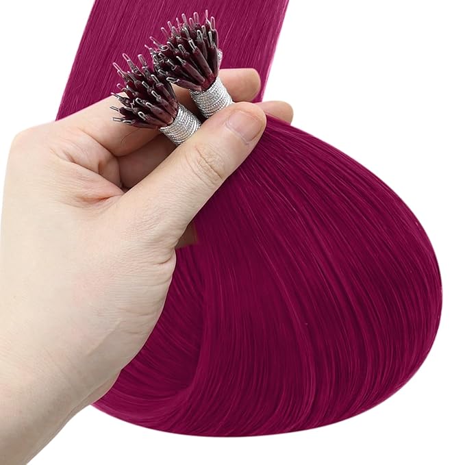 YoungSee Nano Beads Hair Extensions Magenta 18 Inch Nano Extensions Human Hair Burgundy Nano-Ring Hair Extension Remy Human Hair Colored Real Hair Cold Fusion 1g/s 25g 25s for Style Enhancement