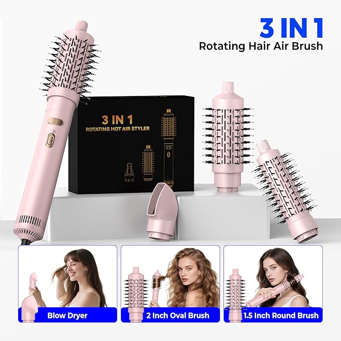 4 in 1 Rotating Hair Dryer Brush Spinning with Detachable Brush(2" & 1.5"),Negative Ionic Brush Blow Dryer 100-120V,3 Heats and 2 Speeds Rotating Hot Air Brush for Curling,Straight,Drying