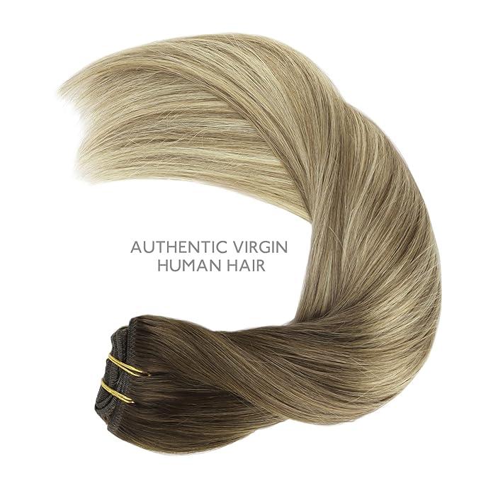 WENNALIFE Clip in Hair Extensions Real Human Hair, 20 Inch 120g 7pcs Ombre Walnut Brown to Ash Brown and Bleach Blonde Clip in Human Hair Remy Clip in Hair Extensions Real Human Hair Double Weft