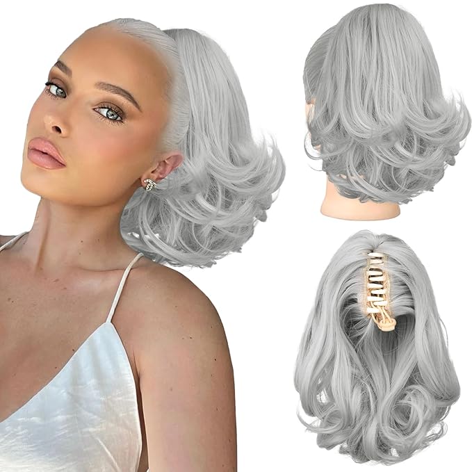 KooKaStyle Ponytail Extension, 10" Short Claw Clip in Pony Tails Hair Extensions Curly Wavy Synthetic Drawstring Halloween Hairpieces for Women(Light Sliver Grey)