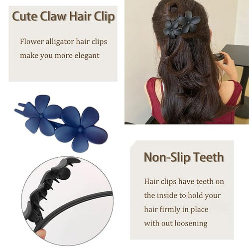 5 Pcs Flower Flat Claw Clips for Women Dark Blue Flat Hair Clips Non-Slip Matte Flat Hair Clips for Thick Hair Spring Claw Clip Cute Floral Hair Clip for Girals