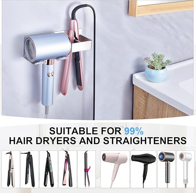 Hair Straightener Holder for Wall, Adhesive Straightener Holder, Blow Dryer Holder Wall Mounted, Stainless Steel Hair Dryer Holder Curling Iron Organizers Storage, Bathroom Hair Tools Holder