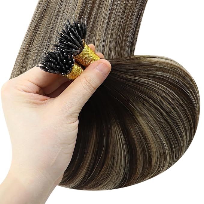 YoungSee Nano Hair Extensions Real Human Hair Balayage Dark Brown with Ash Blonde Human Hair Nano Extensions for Women Pre Bonded Nano Brown Hair Extension Straight Cold Fusion 16inch 50g/50s