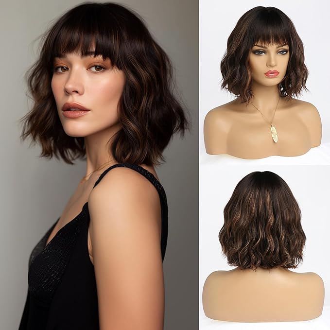 Short Dark Brown Wig with Highlight Wigs for Women Brown Mixed Gold Wig Highlights with Bangs Medium Length Synthetic Hair Wavy Bob Wig Colorful Wigs（14 Inches）