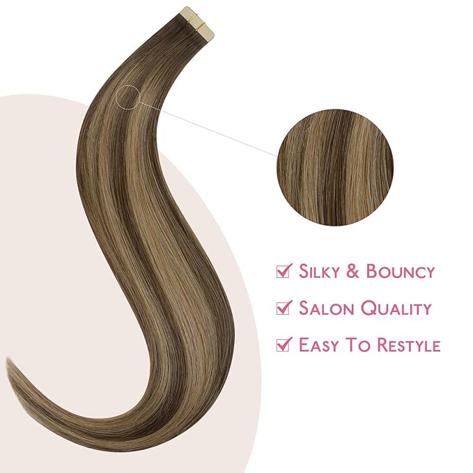 WENNALIFE Tape in Hair Extensions Human Hair Balayage Chocolate Brown to Caramel Blonde Tape in Extensions, 10pcs 25g 18 inch Remy Invisible Tape Ins Straight Soft Real Human Hair Tape in Extensions