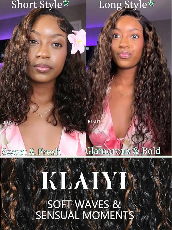 KLAIYI Golden Brown Water Wave Bye Bye Knots Glueless Wig Human Hair Highlight 7x5 Precut Lace Front Pre Plucked Bleached Ombre 3S Ready to Wear Go Beginners Wig with Dark Roots Deep Curly Wave 22Inch