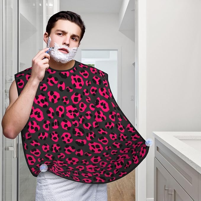 Waterproof Beard Grooming Bib, Luxury Pink Dark Gray Leopard Cheetah Print Shave Bib, Non-Stick Hair Catcher for Shaving Trimming, Apron Essential for Men Dad