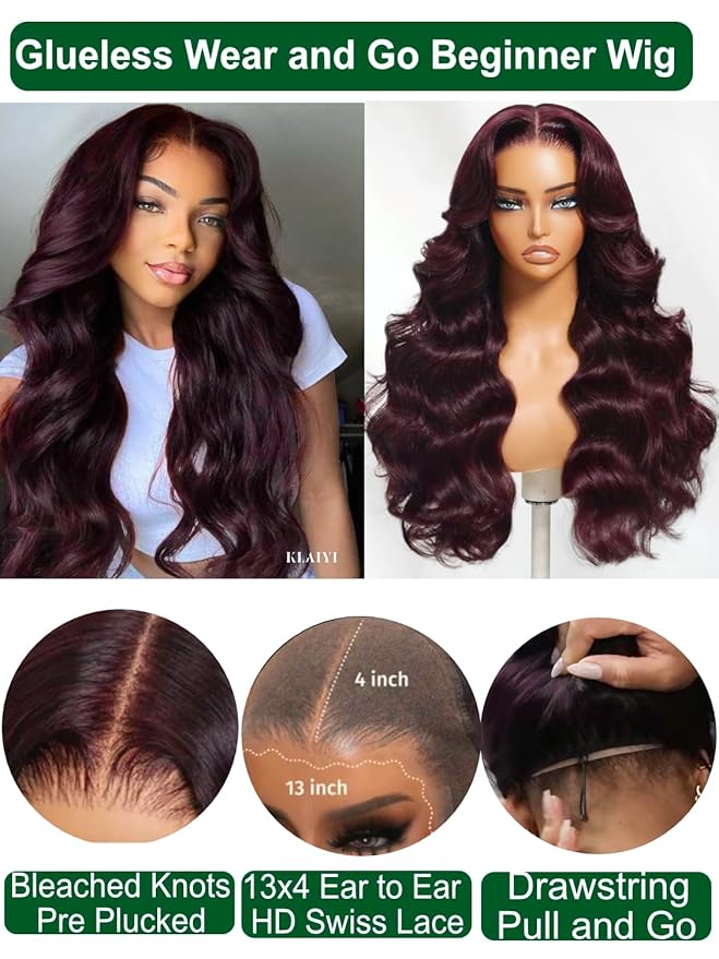KLAIYI Black Cherry Loose Body Wave Pre Eeverything 13x4 Lace Frontal Wigs Human Hair Bye Bye Knots Glueless Ready to Wear and Go Wig with Face Framing Bangs Drawstring Pre Plucked Burgundy Wig 16Inch