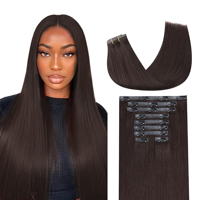 Lashey Seamless Clip in Hair Extensions Human Hair 130g 9pcs #2 Dark Brown Straight 18 Inch Clip in Hair Extensions with PU Soft Invisi Edge