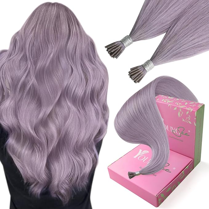 YoungSee I Tip Hair Extensions Human Hair Light Purple Hair Extensions I Tip 16 Inch Colored ITip Extension Purple Itips Human Hair for Cosplay Remy 40s 25g